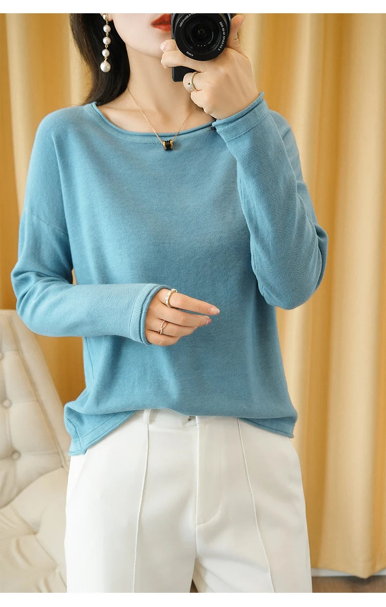 100% Cotton Women Knit Sweater Crimped Edge O-Neck Pullover Bottoming Pure Cotton Sweater Spring Autumn New Tops Clothes