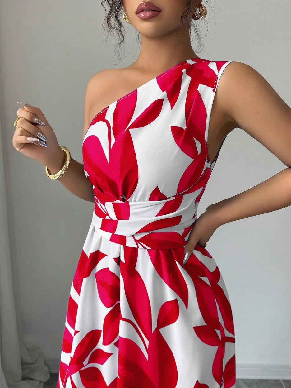 One Shoulder Sleeveless Waist-Cinched Split Maxi Women Dresses Vacation Leaf Print Slimming Long Dresses