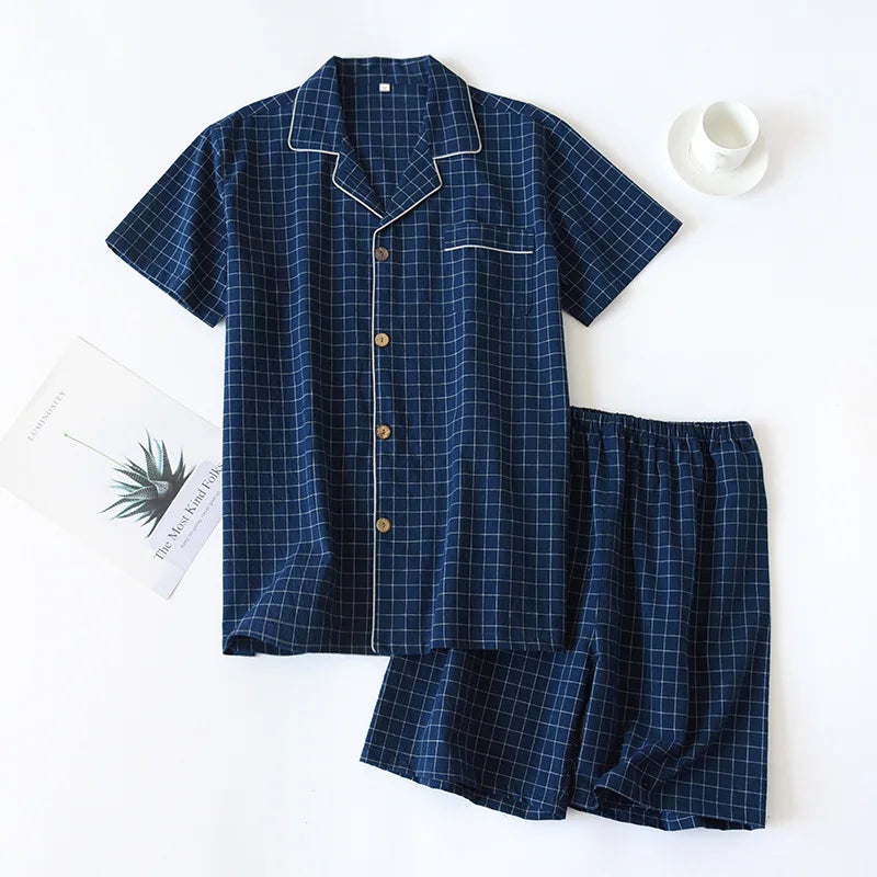 Summer new couple pajamas two-piece men's plaid short-sleeved shorts 100% cotton gauze ladies simple home service set sleepwear