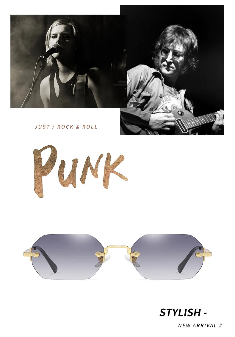 Rimless Rectangle Sunglasses Small Men Glasses Women Metal Gold Polygon Blue Shades 2024 UV400 Frameless