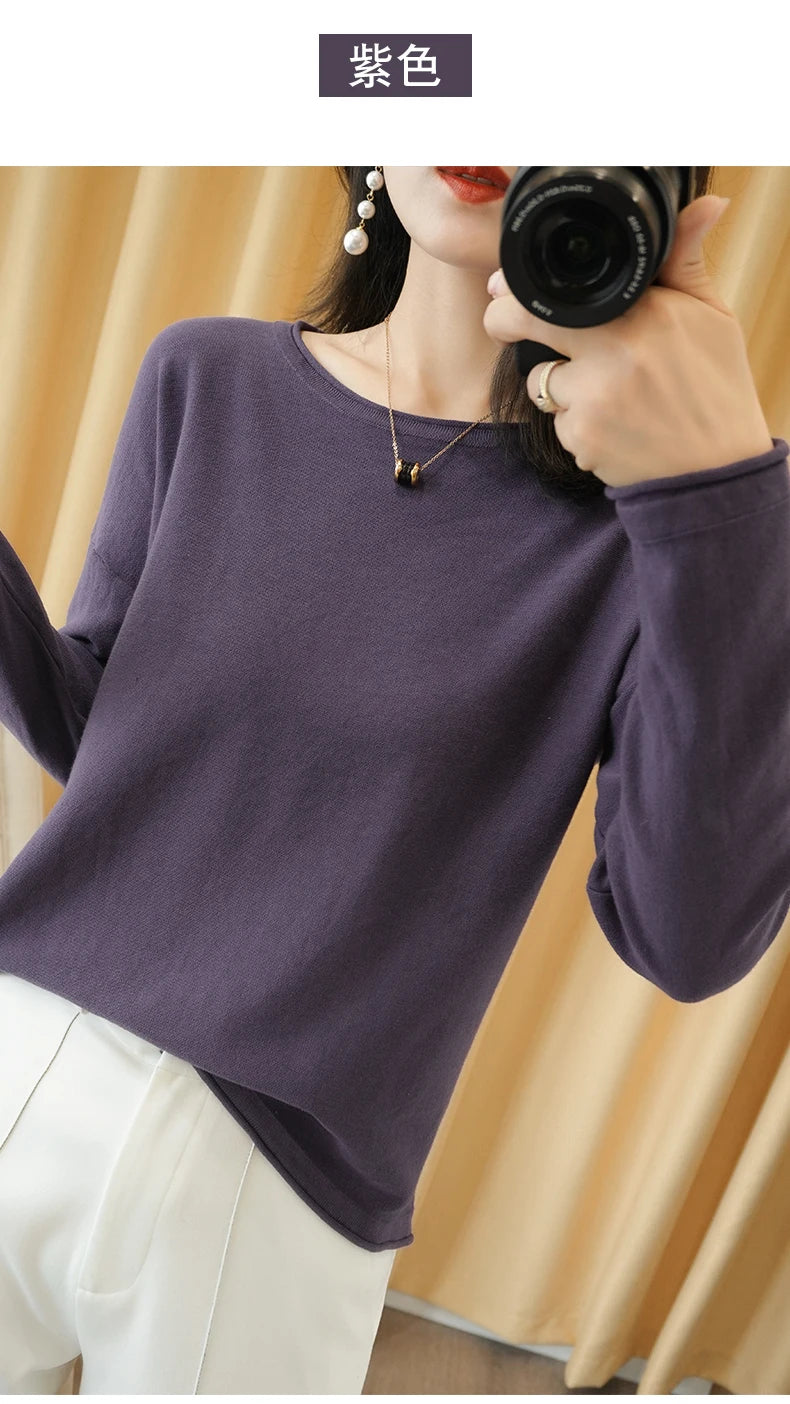 100% Cotton Women Knit Sweater Crimped Edge O-Neck Pullover Bottoming Pure Cotton Sweater Spring Autumn New Tops Clothes