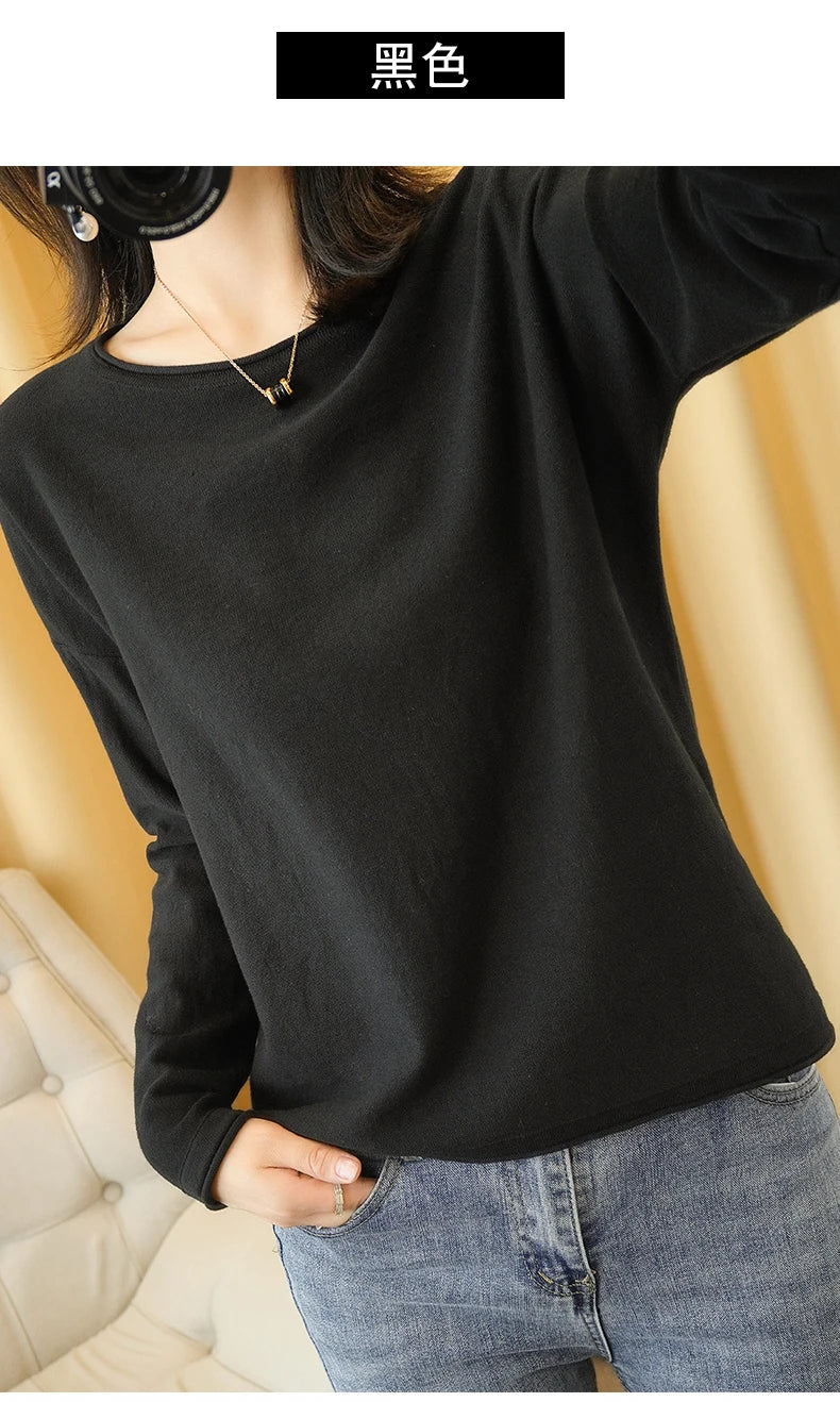100% Cotton Women Knit Sweater Crimped Edge O-Neck Pullover Bottoming Pure Cotton Sweater Spring Autumn New Tops Clothes