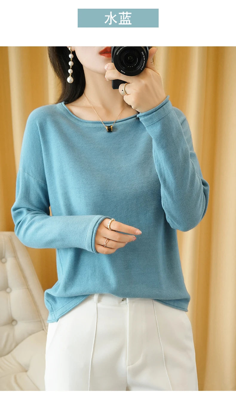100% Cotton Women Knit Sweater Crimped Edge O-Neck Pullover Bottoming Pure Cotton Sweater Spring Autumn New Tops Clothes
