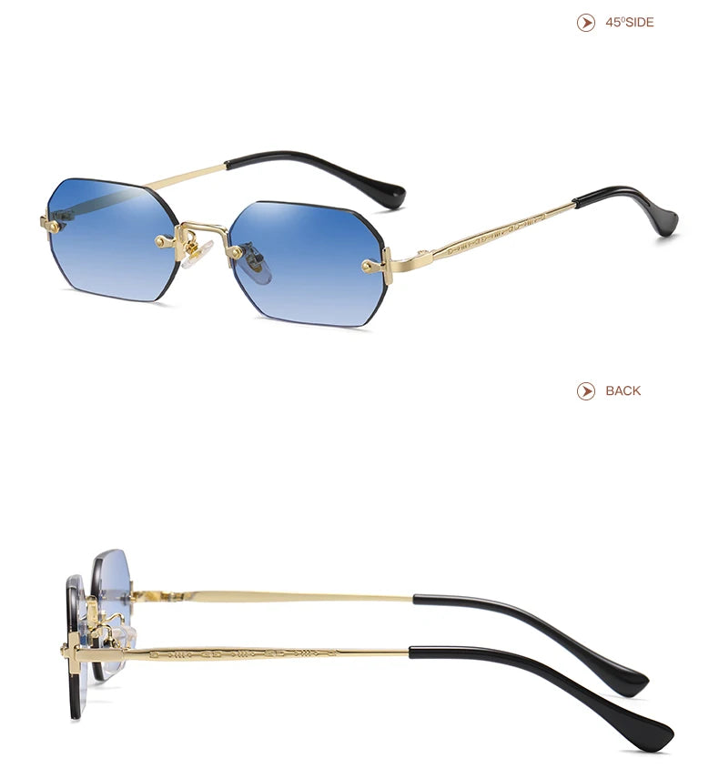 Rimless Rectangle Sunglasses Small Men Glasses Women Metal Gold Polygon Blue Shades 2024 UV400 Frameless
