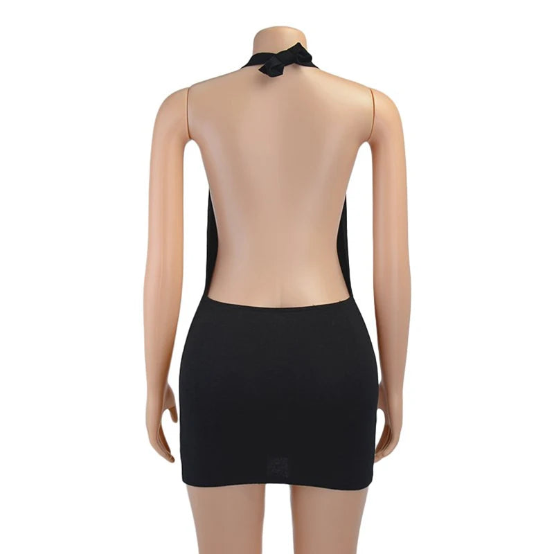 Black Bodycon Dress Women Halter Sexy Skinny Hollow Out Backless Mini Dresses Hot Summer Sleeveless Beach Party Cut Out Dress