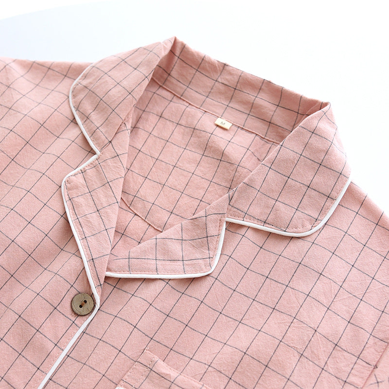 Summer new couple pajamas two-piece men's plaid short-sleeved shorts 100% cotton gauze ladies simple home service set sleepwear