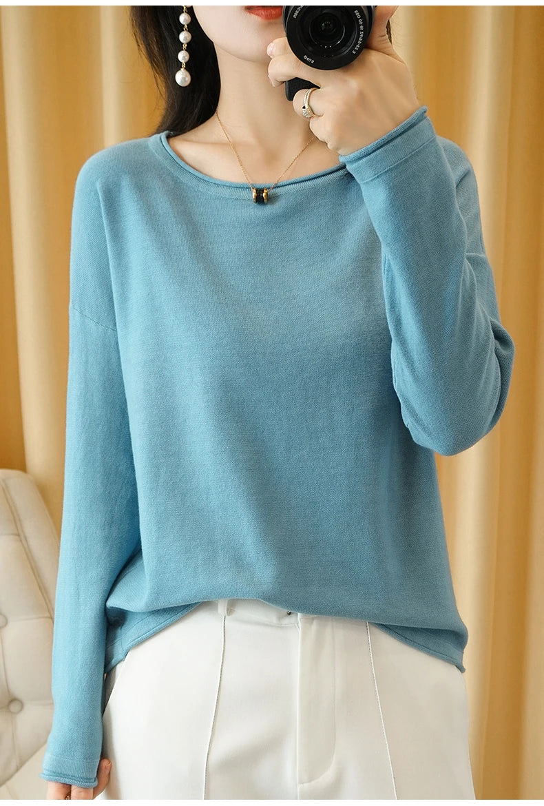 100% Cotton Women Knit Sweater Crimped Edge O-Neck Pullover Bottoming Pure Cotton Sweater Spring Autumn New Tops Clothes