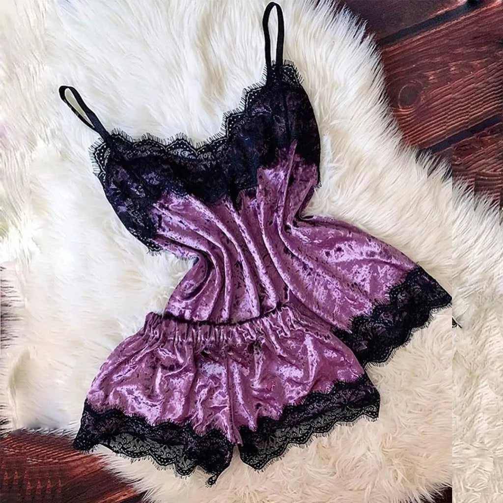 Summer Pyjamas Women Velvet Bow Sleepwear Sleeveless Strap Nightwear Lace Trim Cami Top Pajama Sets Femme Sexy Lingerie