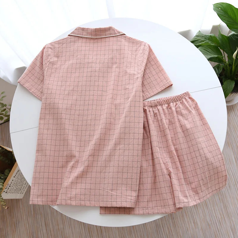 Summer new couple pajamas two-piece men's plaid short-sleeved shorts 100% cotton gauze ladies simple home service set sleepwear