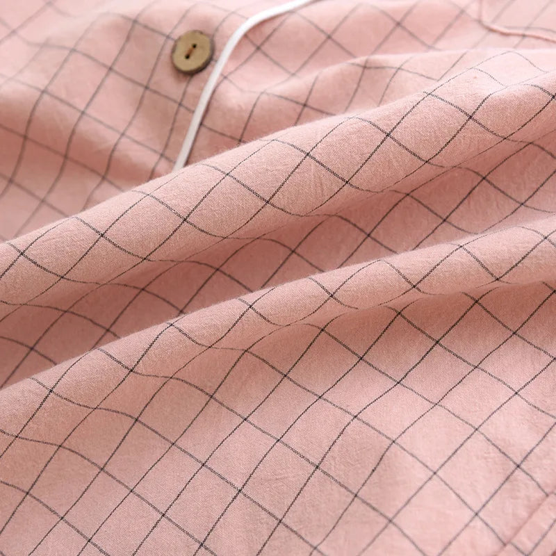 Summer new couple pajamas two-piece men's plaid short-sleeved shorts 100% cotton gauze ladies simple home service set sleepwear