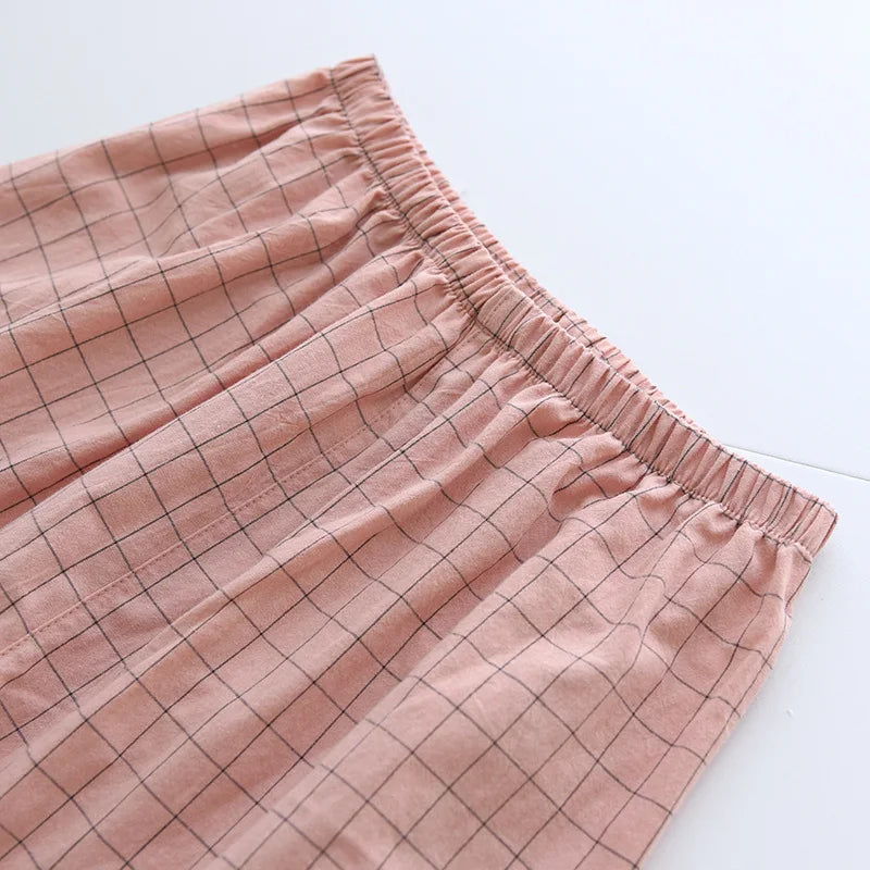Summer new couple pajamas two-piece men's plaid short-sleeved shorts 100% cotton gauze ladies simple home service set sleepwear