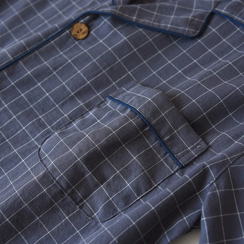 Summer new couple pajamas two-piece men's plaid short-sleeved shorts 100% cotton gauze ladies simple home service set sleepwear