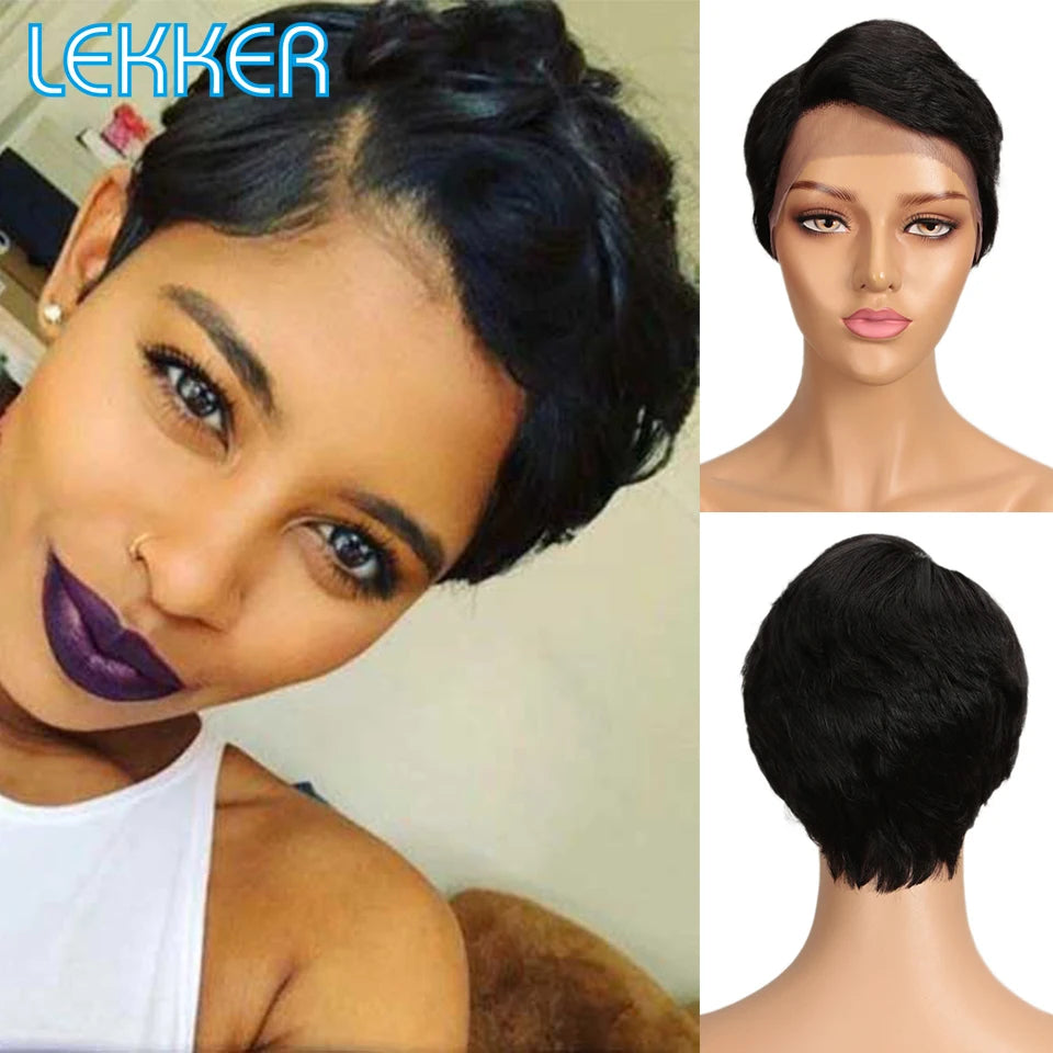 Lekker Black Short Pixie Cut 13X1 C Part Lace Front 100% Human Hair Wigs For Women Glueless Brazilian Remy Hair Straight Wigs