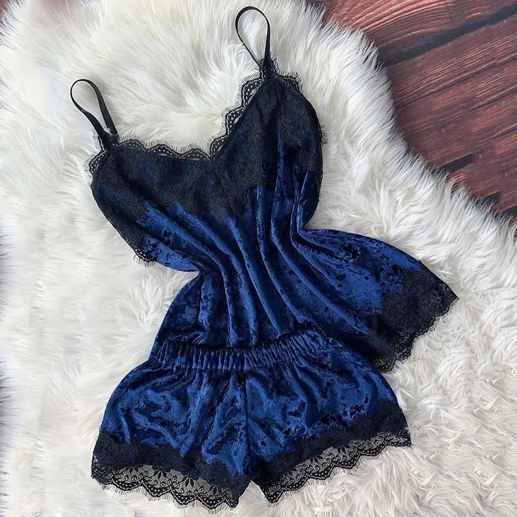 Summer Pyjamas Women Velvet Bow Sleepwear Sleeveless Strap Nightwear Lace Trim Cami Top Pajama Sets Femme Sexy Lingerie