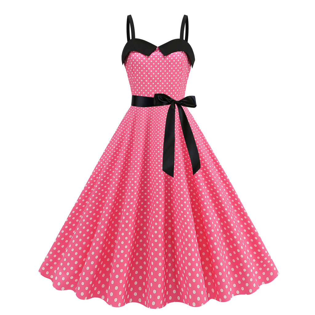 Elegant Women Pink Polka Dot Dress Summer Robe Hepburn 1950s 60s Vintage Sexy Halter Rockabilly Retro Party Dresses 2026 Vestido