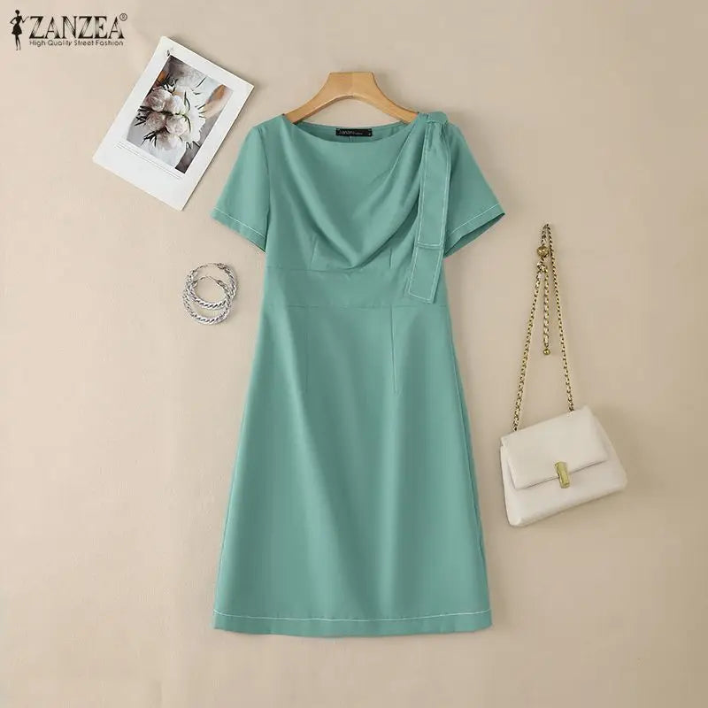 ZANZEA Elegant Women OL Work Dresses 2026 Summer Short Sleeve Solid Knee Length Dress Robe Stylish A Line Waisted Party Vestidos