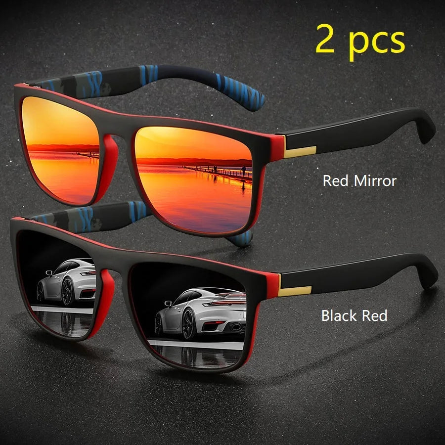2 Pieces Fashion Vintage Square Sports Sunglasses Men Women Driving Fishing Brand Designer Sun Glasses Retro Man Eyewear UV400
