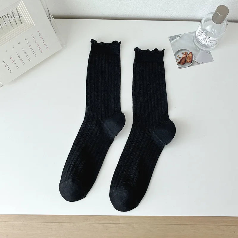 5/10 Pairs Women Solid Color Mesh Mid Tube Socks Summer Lightweight Breathable Fashionable Wavy Edge Ballet Style Casual Socks
