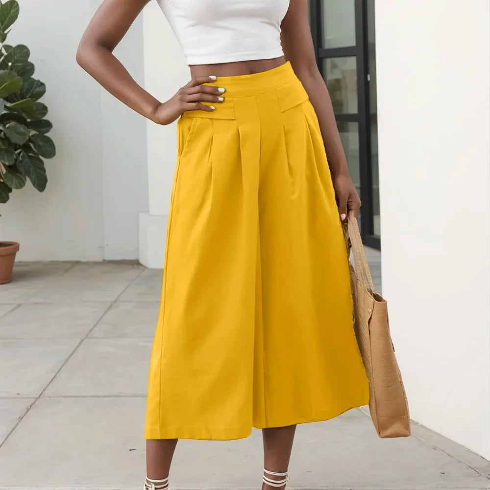 2026 Summer Women's Culottes Cotton Linen Cropped Wide Leg Pants Elastic Waist Casual Palazzo Trousers with Pockets