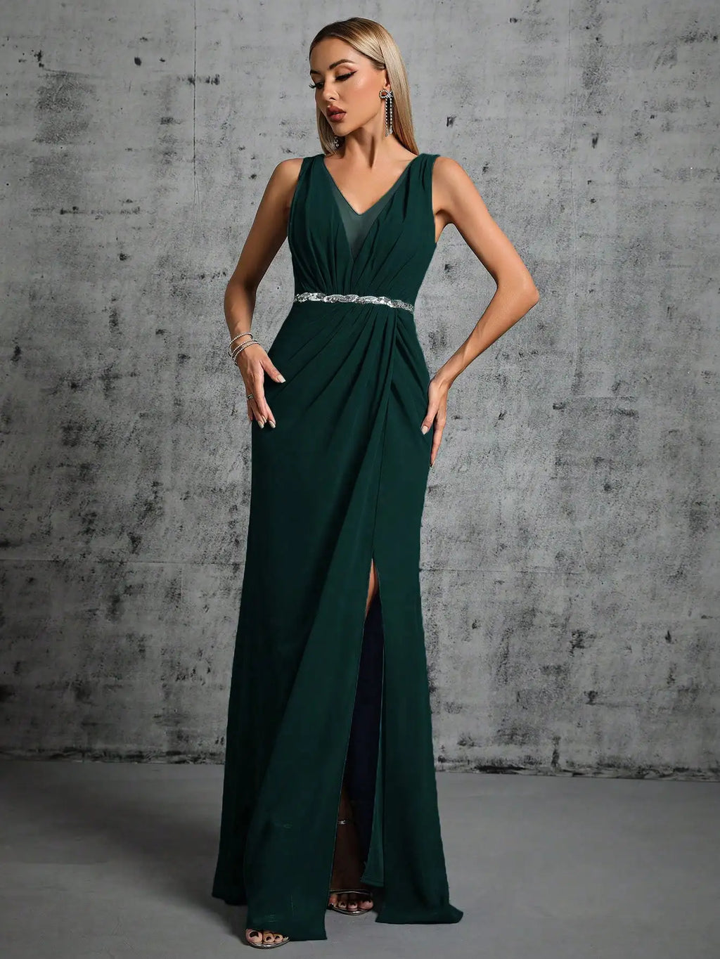 Mgiacy Shoulder deep V-neck silver sequin belt pleated chiffon slit skirt Evening gown Ball dress Party dress Bridesmaid dress