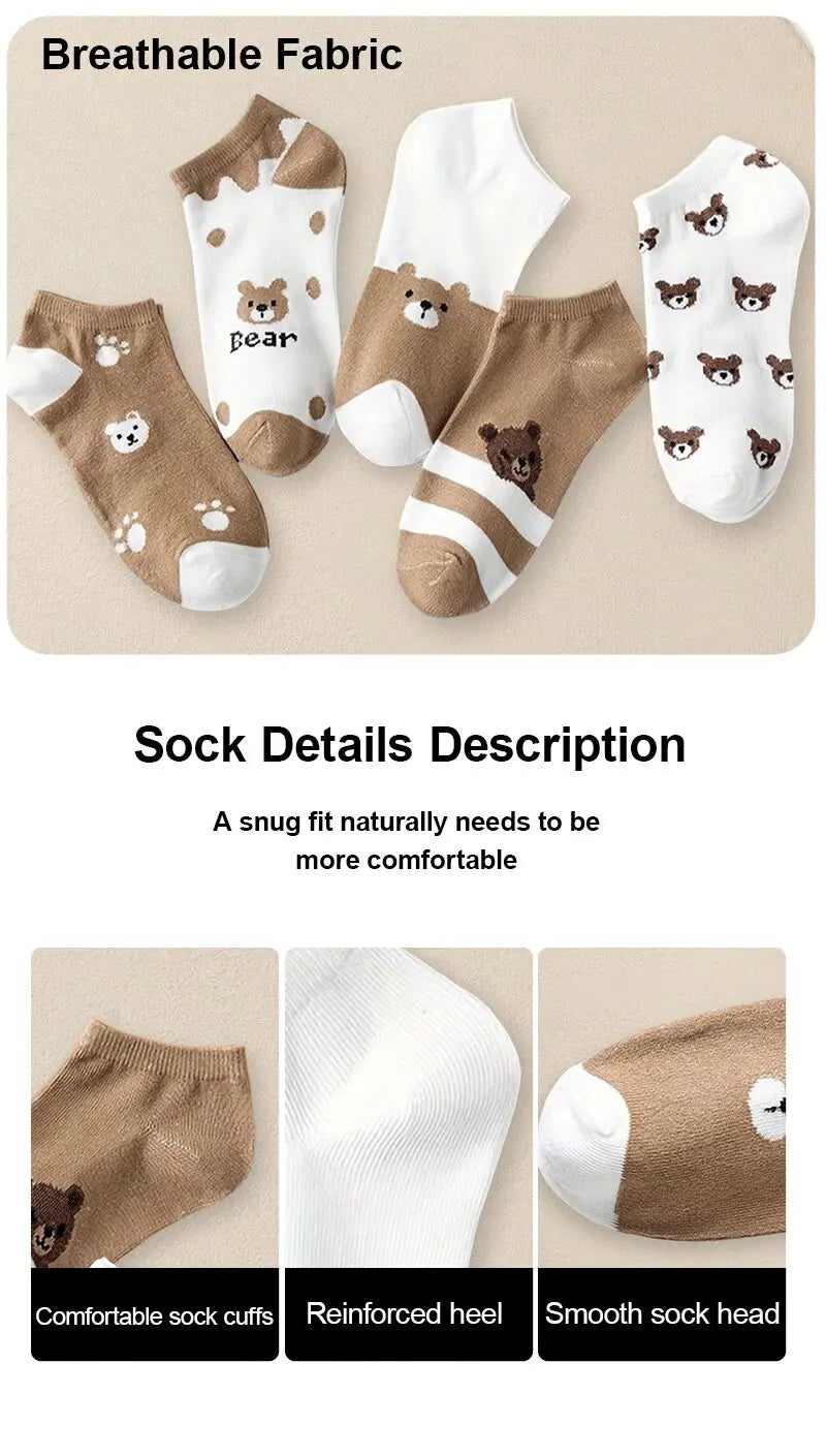 5 Pairs Women Cartoon Patterned Socks Trendy Versatile Breathable Sweat Wicking Deodorizing Antibacterial Comfortable Socks