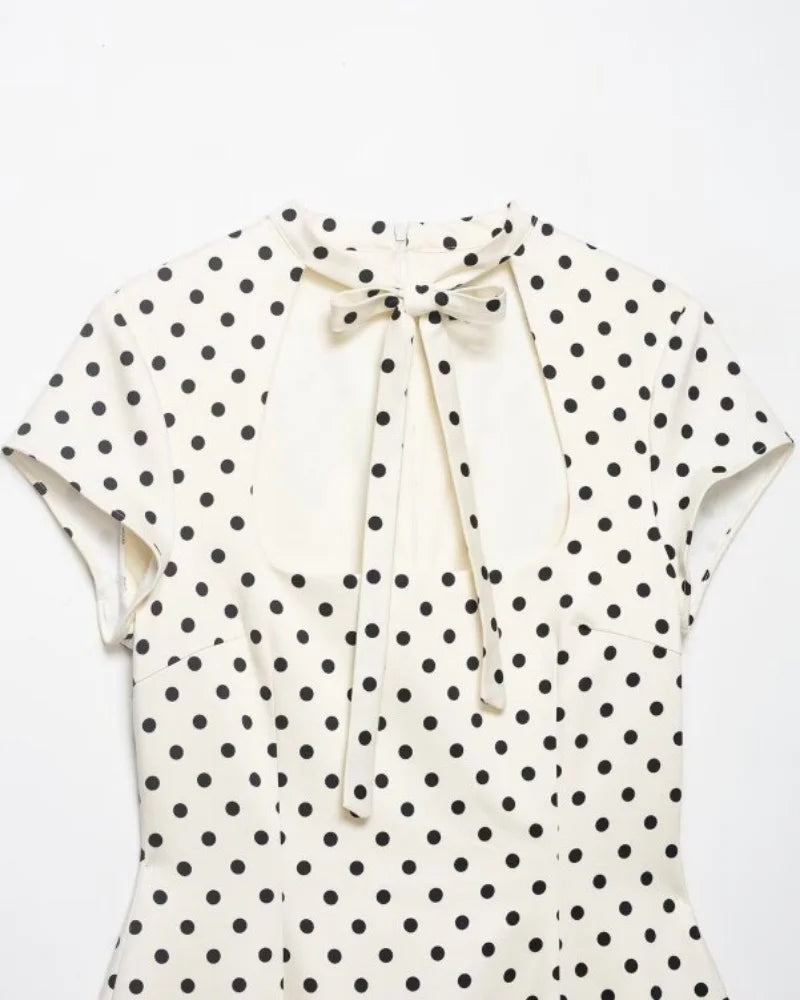 Cut Out Front Bow Tie Mini Dress, Women's Polka Dot Short Sleeve Bodycon Dress, Spring Summer Sexy Fashion Party Dress