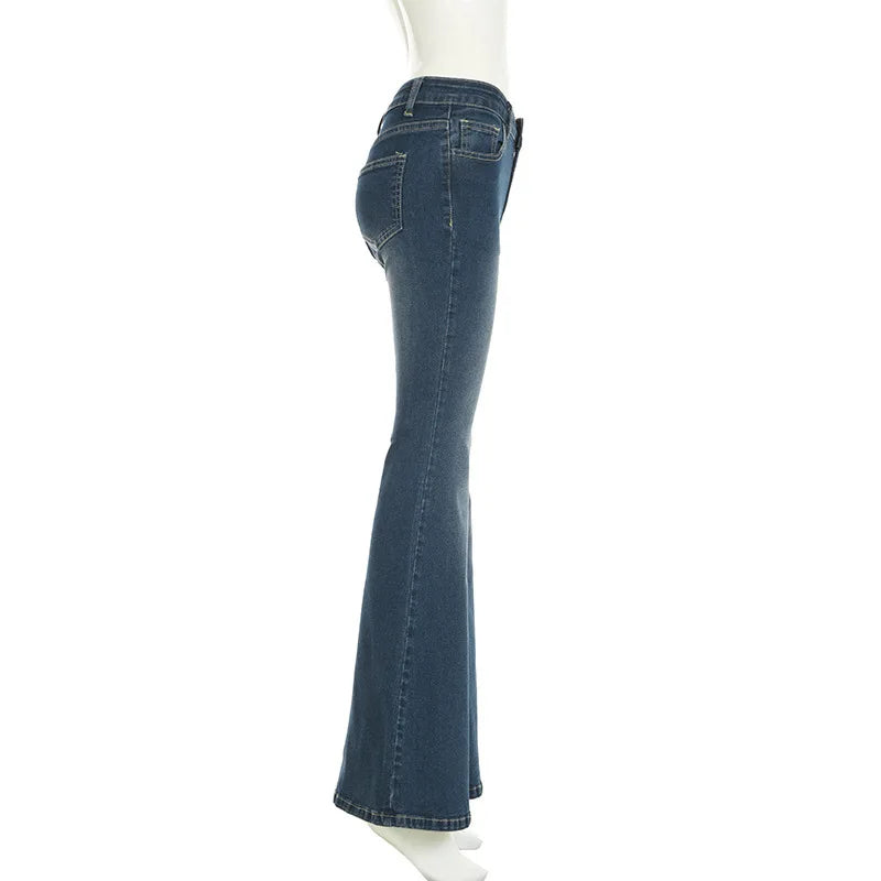 Retro Y2k Jeans Baggy Floral Embroidery Jeans Women Vintage 2000s Low Rise Flared Denim Pants High Street Basic Trousers