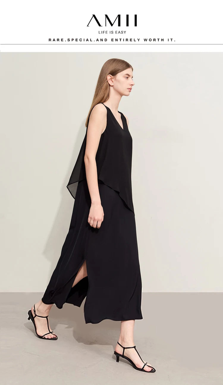 Amii Minimalism 2024 Women Dresses Summer New Vacation Style V-neck Spliced Chiffon Female Sleeveless Loose Dress 12452102