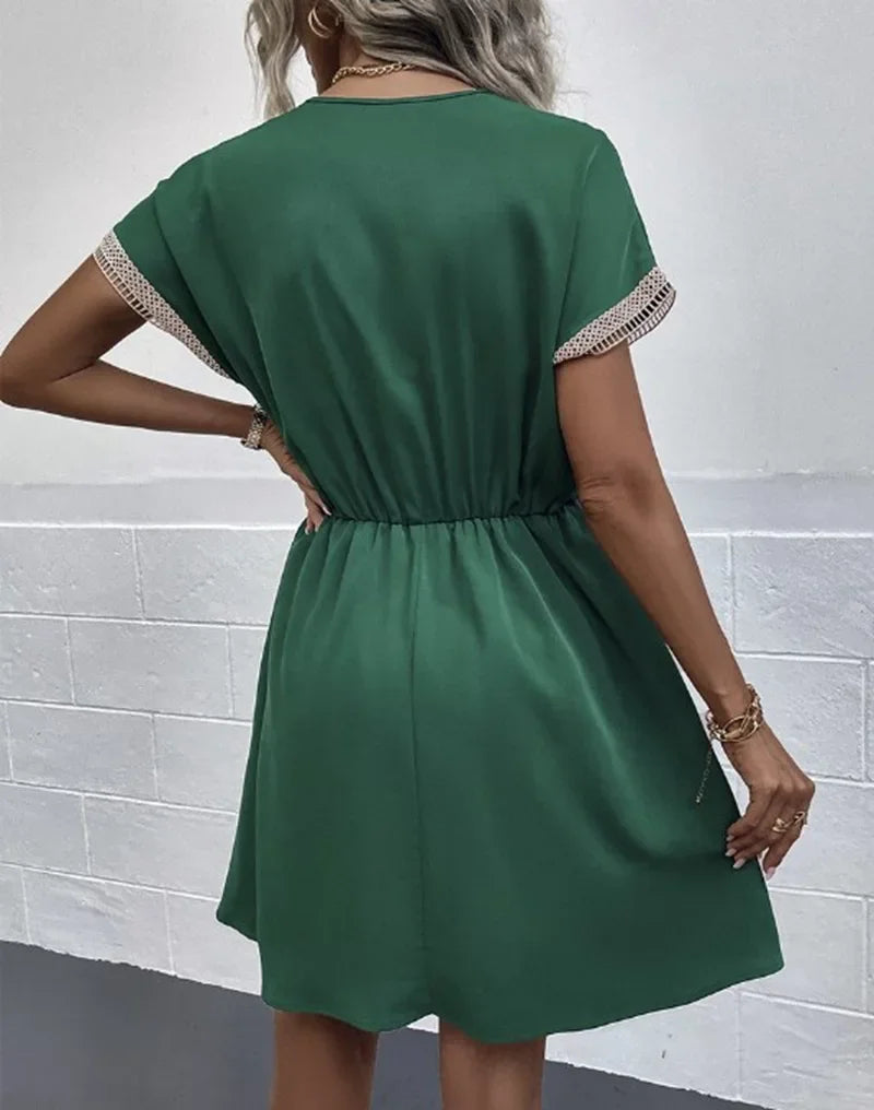 Summer Solid Short Sleeve Lace V Neck Waistband Female Beach Midi Short Dress Elegant Women's Sweet White Solid Color Dresses