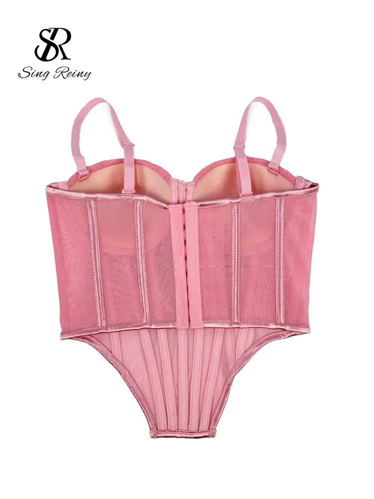SINGREINY Fashion Solid Corset Lingerie Top Ladies Strap Sheer Mesh Slim Camisole American Retro Backless Beach Sexy Tank Top