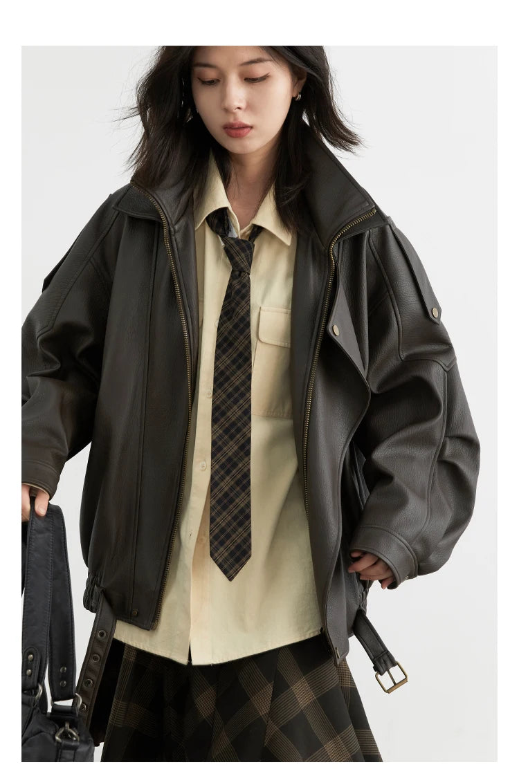 CHIC VEN Woman PU Jacket Solid Loose New Retro Standing Collar Motorcycle Faux Leather Coat Female Top Spring Autumn 2026