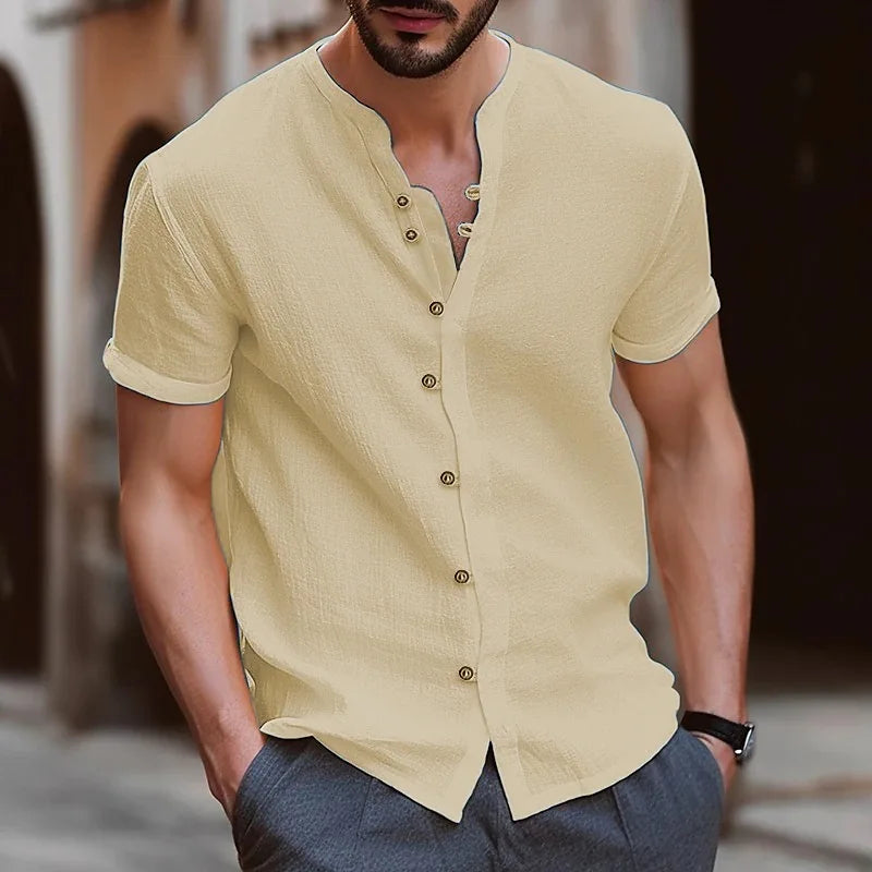 Men's Simple Texture Linen Round-neck Short-sleeve Button-down Solid-color Shirt, Comfortable and Casual Summer Daily Top