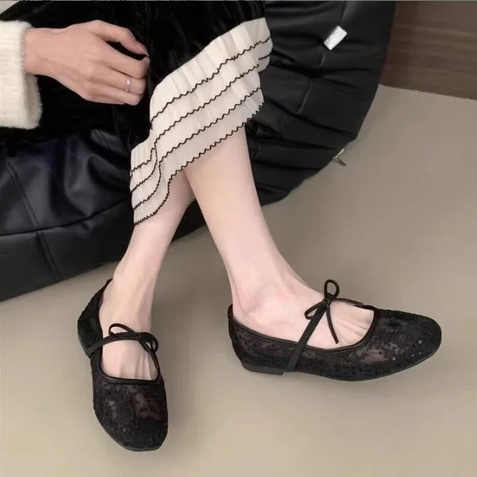 2026 Women's Lace Mesh Mary Jane Shoes Fashion Square Toe Bowknot Flats Soft Sole Comfortable Slip-On Retro Elegant Date Shoes