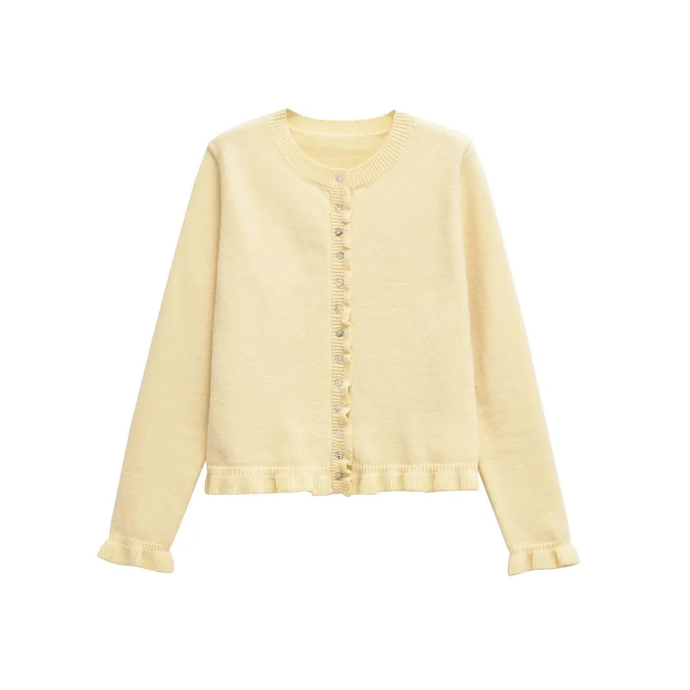 Women's Ruffled Knit Cardigan Sweater O-Neck Long Sleeve Chic Top with Front Buttons Fashion Outerwear