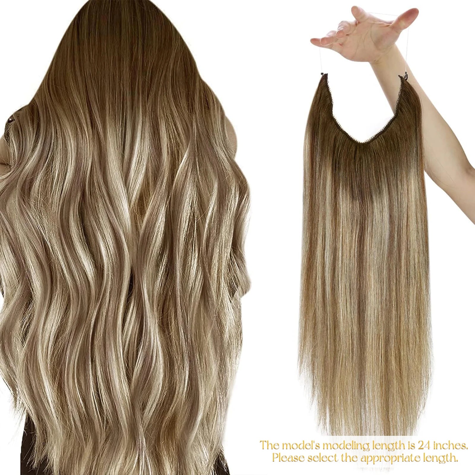 VeSunny Fish Line Human Hair Extension Wire Natural Hair One Piece Invisible Wire Hair Weft with 2 Clips Blonde Soft Remy Hair