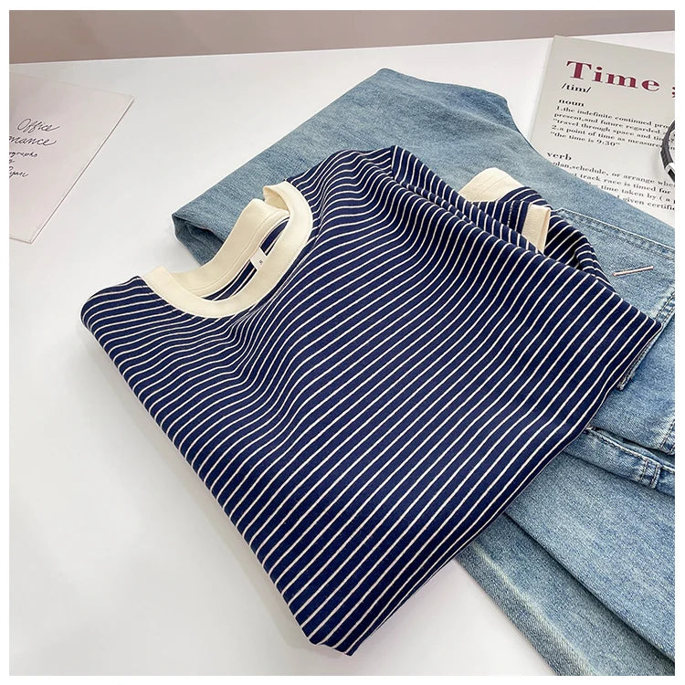 2026 New Women's Loose Fit Casual Stripe Short Sleeve T-Shirt Comfortable Breathable Cotton Polyester Blend Summer Top