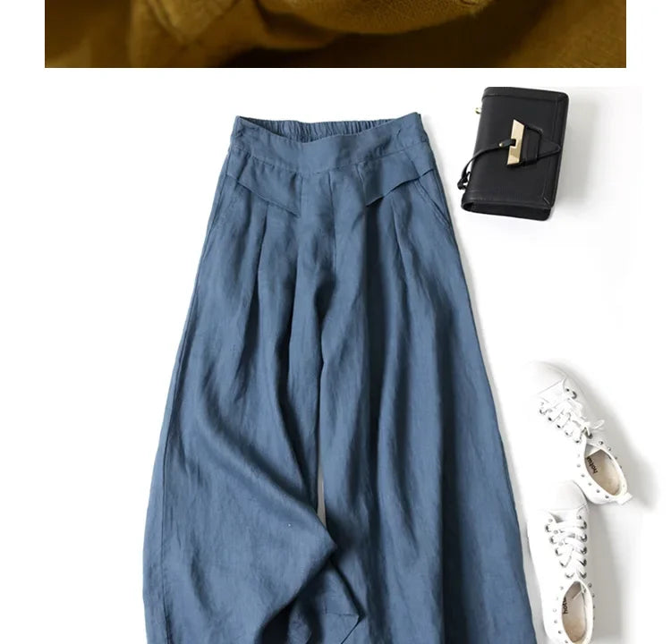 2026 Summer Women's Culottes Cotton Linen Cropped Wide Leg Pants Elastic Waist Casual Palazzo Trousers with Pockets