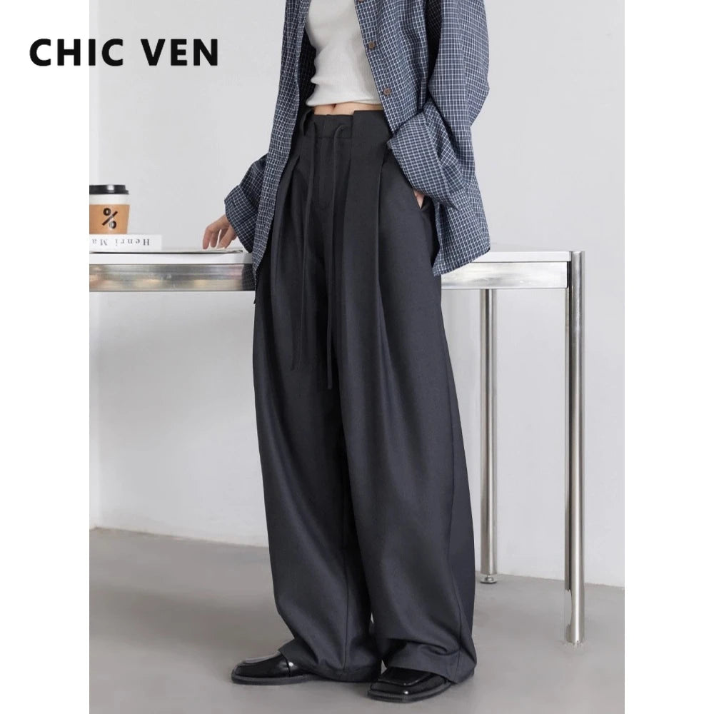 CHIC VEN Women Pants Solid Loose Casual Wide Leg Pant Drawstring Pleated Female Suit Trousers Office Ladies Sping Autumn 2025