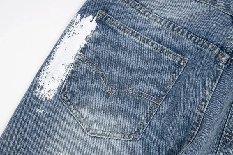 American retro washed letter spliced denim trousers high street trendy brand couple loose straight micro-flared long trousers