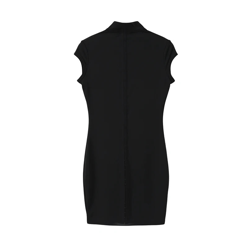 Kpop Black Hollow Out Mini Dress Women Elegant Turtleneck Short Sleeve High Waist Slim Dresses Lady Evening Club Fashion Robes