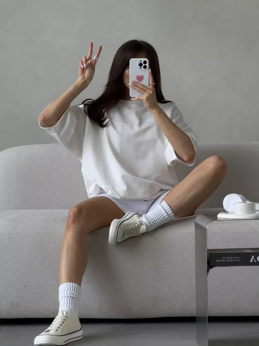 Hirsionsan Summer Casual Oversized T-shirts Women 100% Cotton Pink Loose Tees 2025 New Cusual Solid O Neck Female Aesthetic Tops