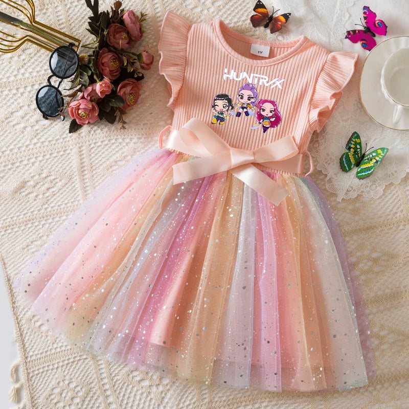 K-Pop Hunters Zoey Mira Rumi Girls Flying Sleeves Bow Sequin Dress Kids Baby Girl Birthday Party Fluffy Tutu Princess Dress 1-5Y