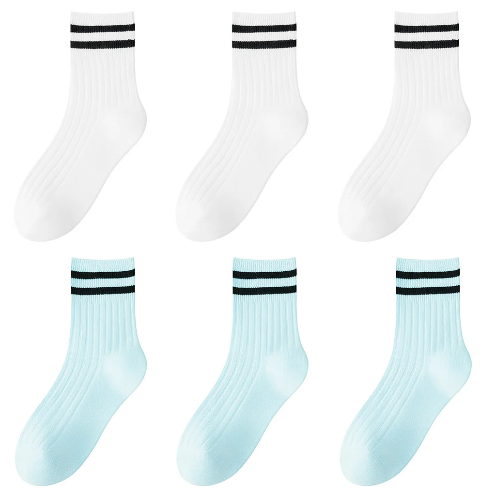 Kids Boys Girls Cotton Socks - Seamless Double Needle Ribbed 2-Stripe, Teens Students All Season School Home Sports Socks
