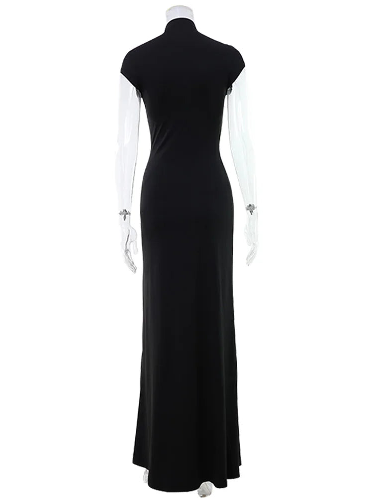 CNYISHE Short Sleeve O Neck Women Dresses Split Metal Buckle Solid Sheath Sexy Club Fashion Evening Party Outfits Female Bodycon