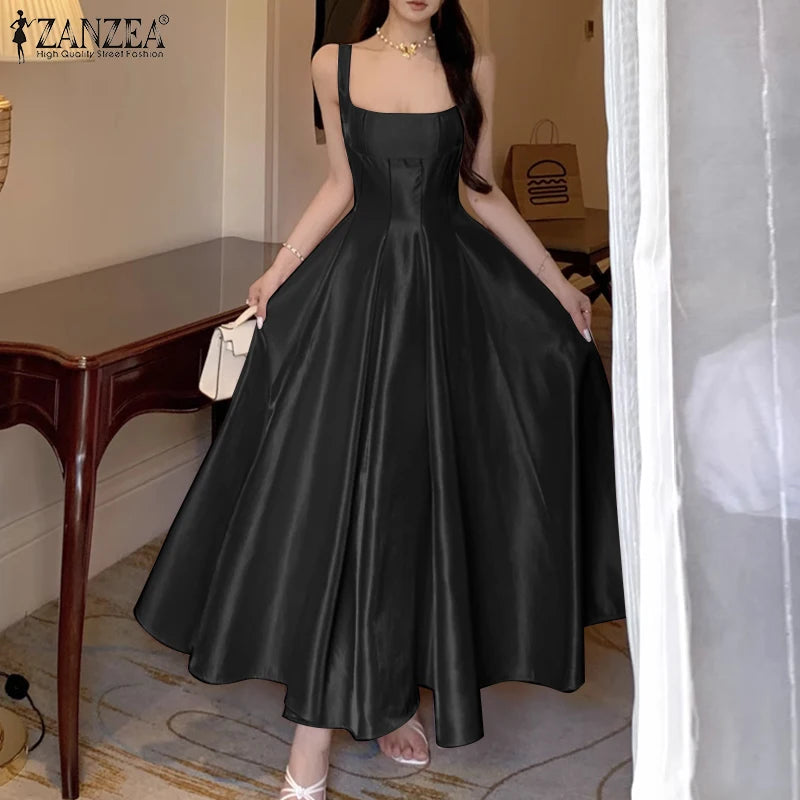 ZANZEA Women's Elegant White Satin Long Dresses Wedding Guest Cocktail Evening Party Dress Square Neck Sleeveless Robes Femme