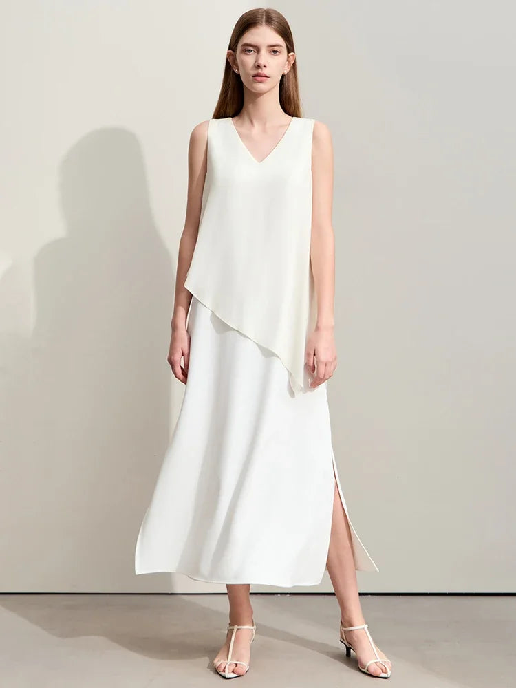 Amii Minimalism 2024 Women Dresses Summer New Vacation Style V-neck Spliced Chiffon Female Sleeveless Loose Dress 12452102
