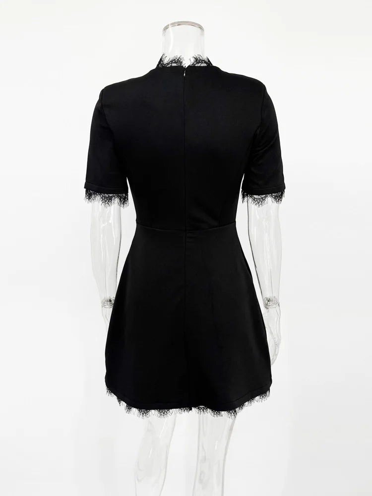 Tossy Black Lace Hollow Out Mini Dress Female Patchwork Short Sleeve Sexy High Waist Party Dress Women's Casual Printed Dress