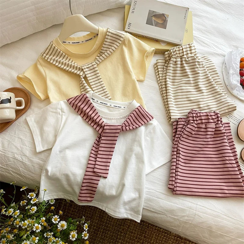Girls Suit Summer Short-sleeved T-shirt With Stripes Shawls+Pants 2Pcs Outfits Kids Casual Clothes Children's Fashion Sets 1-12Y