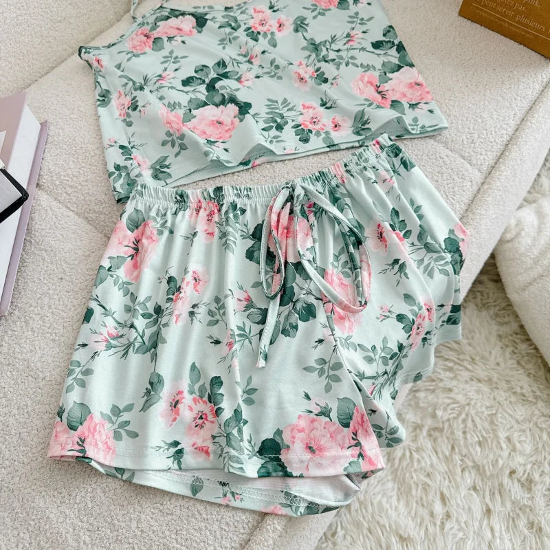 Women Casual Pajama Ladies Sexy Sleepwear Print Round Neck Ice Silk Top T-Shirt and Shorts Sets Breathable Comfortable Home Wear