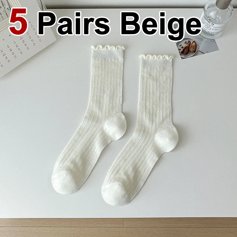 5/10 Pairs Women Solid Color Mesh Mid Tube Socks Summer Lightweight Breathable Fashionable Wavy Edge Ballet Style Casual Socks